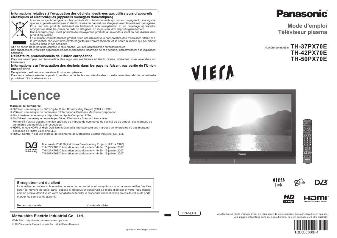 Guide utilisation PANASONIC TH-50PX70E  de la marque PANASONIC