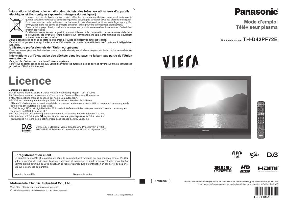 Guide utilisation PANASONIC TH-D42PF72F  de la marque PANASONIC