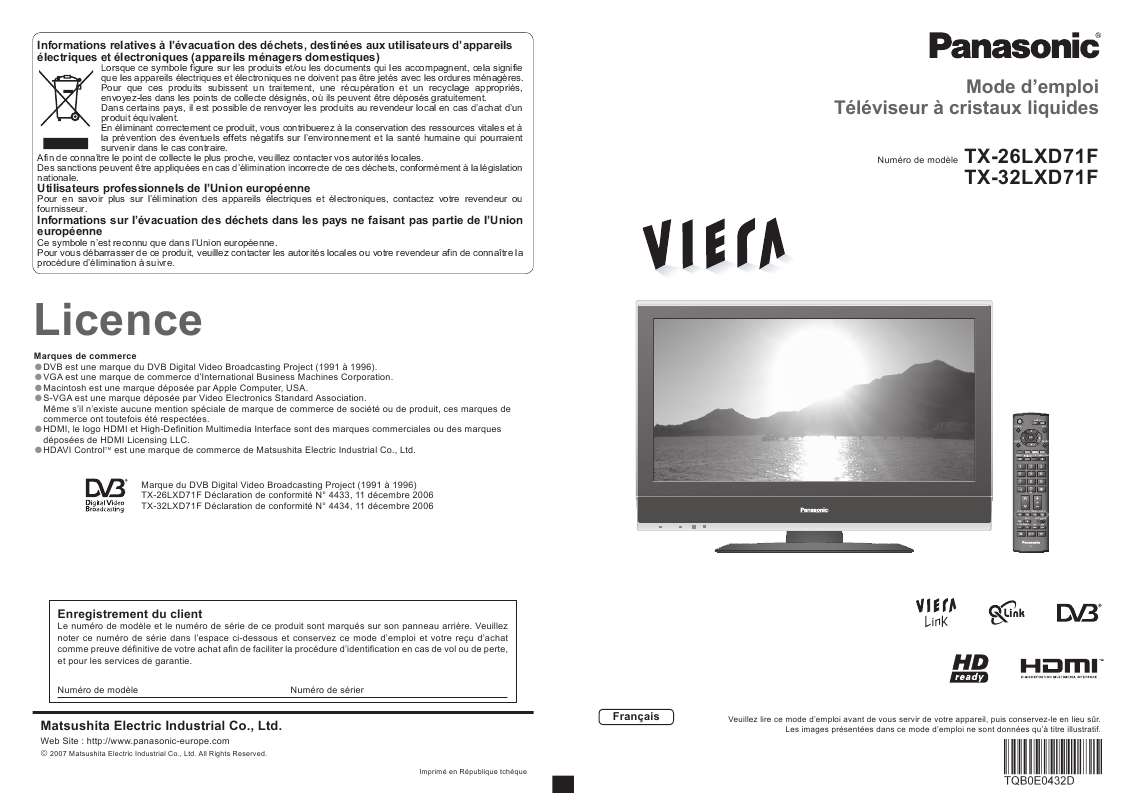 Guide utilisation PANASONIC TX-26LXD71F  de la marque PANASONIC