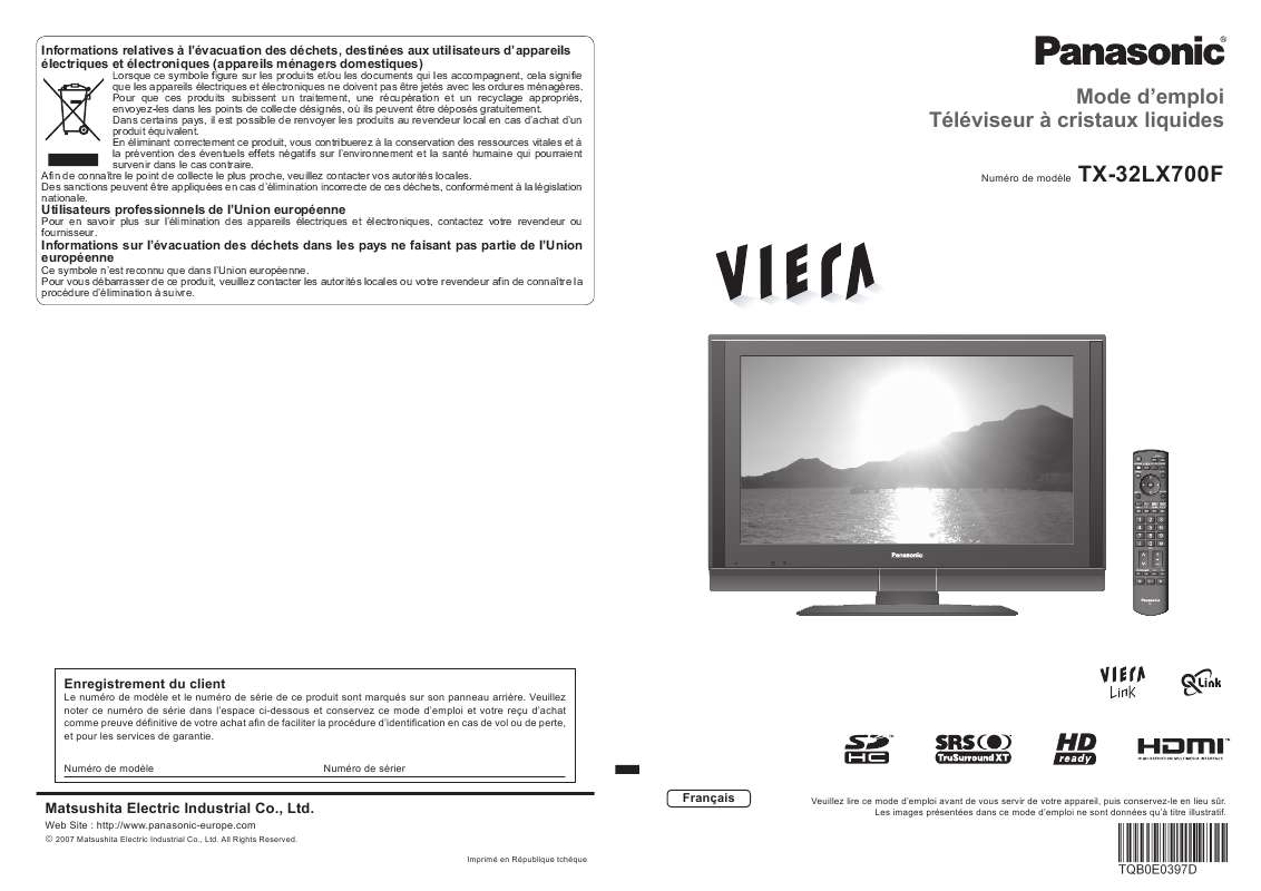 Guide utilisation PANASONIC TX-32LX700F  de la marque PANASONIC