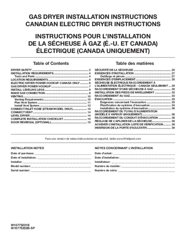Guide utilisation WHIRLPOOL WGD75HEFW  - INSTALLATION GUIDE de la marque WHIRLPOOL