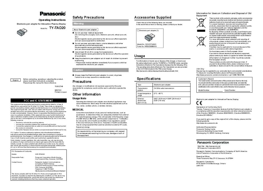 Guide utilisation PANASONIC TY-TAD20  de la marque PANASONIC