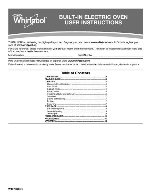 Guide utilisation WHIRLPOOL WOS51ES4EB  - USE & CARE GUIDE de la marque WHIRLPOOL