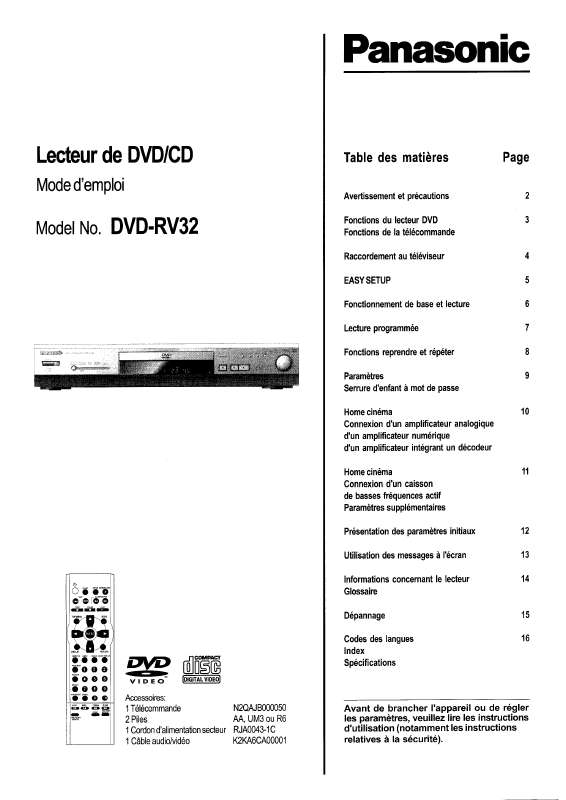 Guide utilisation PANASONIC DVD-RV32EG  de la marque PANASONIC