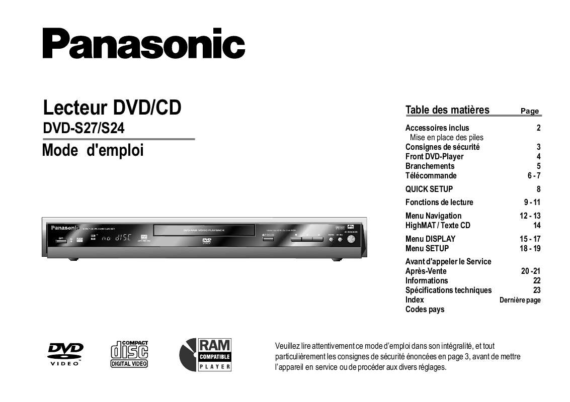 Guide utilisation PANASONIC DVD-S27EG  de la marque PANASONIC