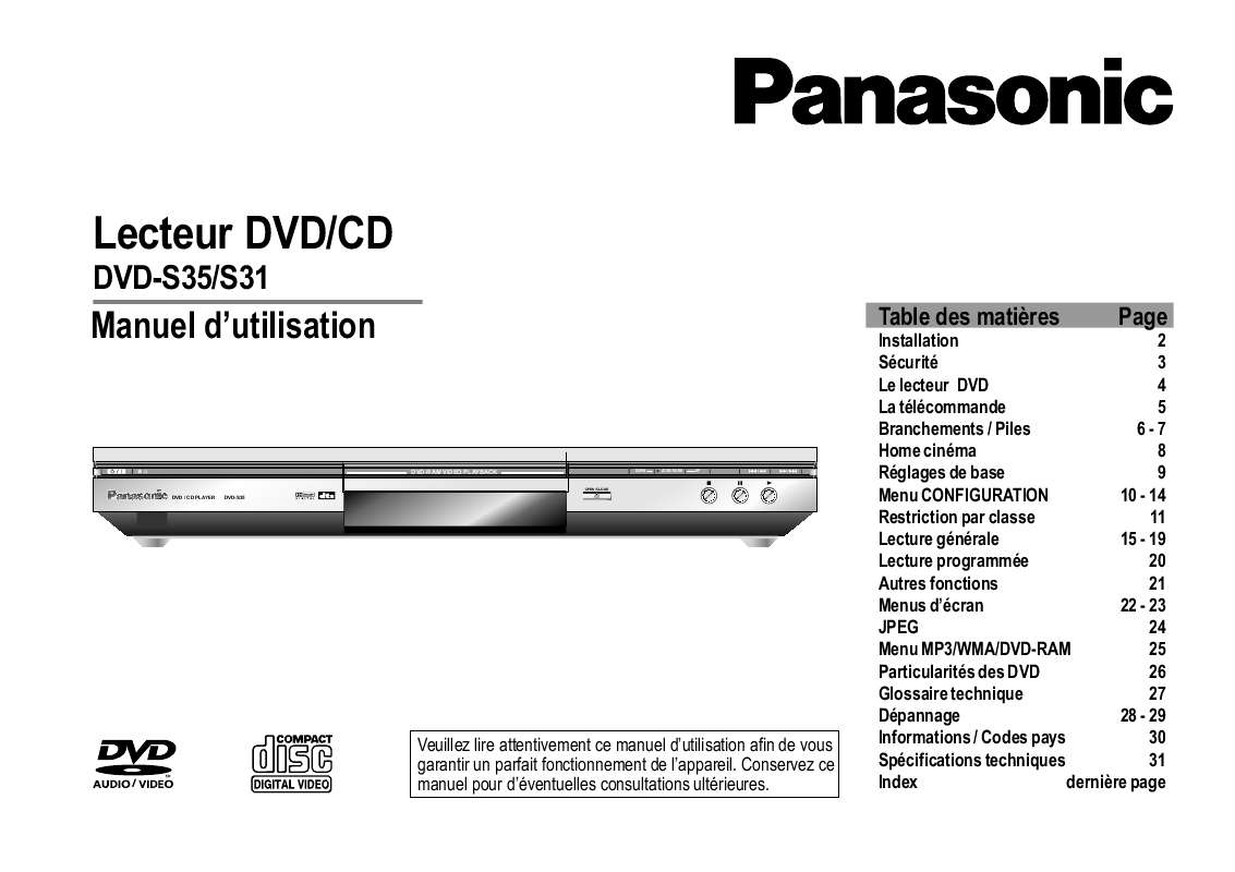 Guide utilisation PANASONIC DVD-S31  de la marque PANASONIC