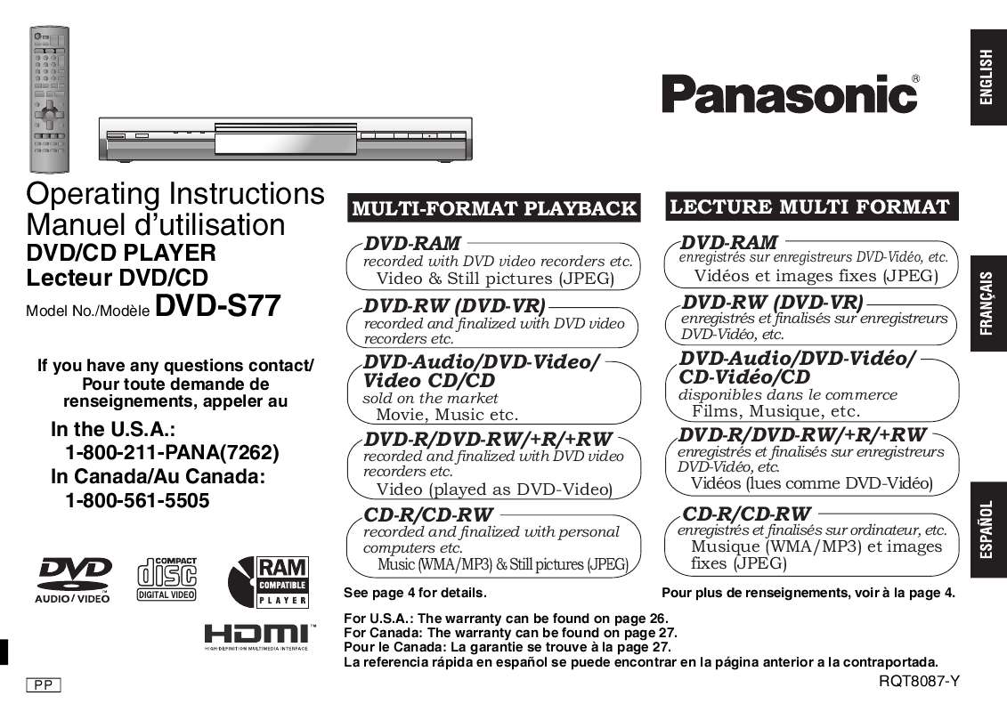 Guide utilisation PANASONIC DVD-S77  de la marque PANASONIC