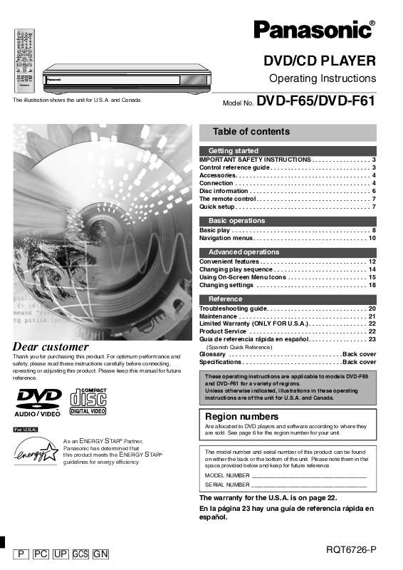 Guide utilisation PANASONIC DVDF61P  de la marque PANASONIC
