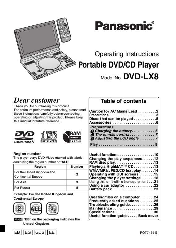 Guide utilisation PANASONIC DVDLX8EB  de la marque PANASONIC