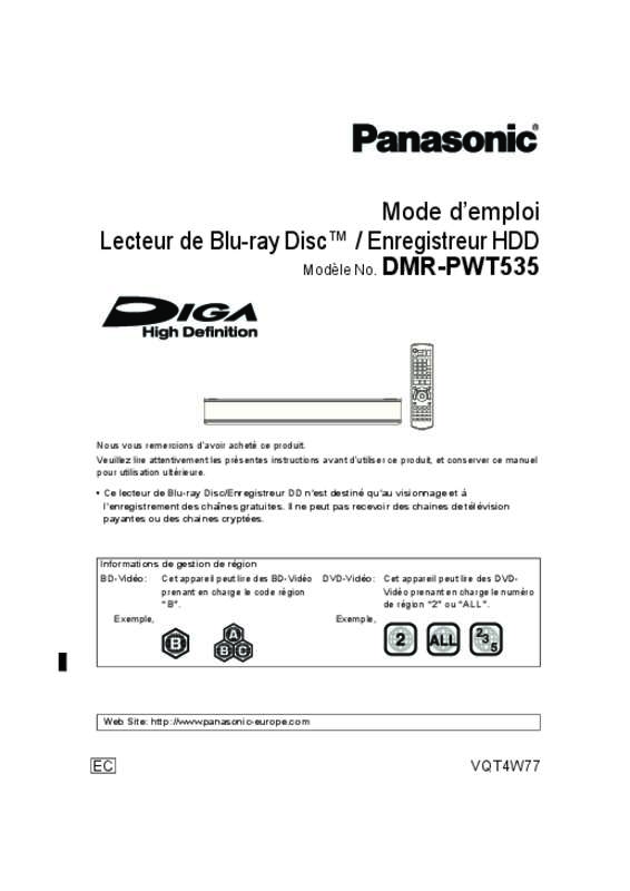Guide utilisation PANASONIC DMRPWT535EC9  de la marque PANASONIC