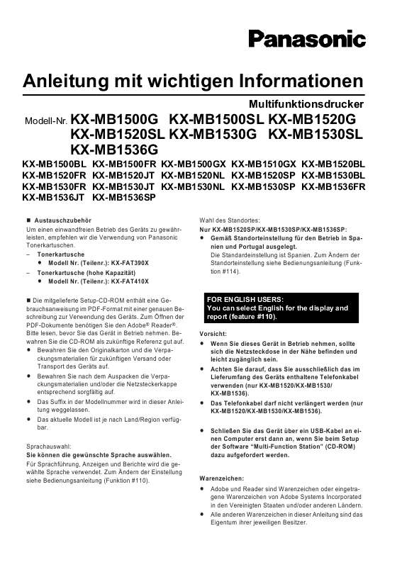 Guide utilisation PANASONIC KXMB1536G  de la marque PANASONIC
