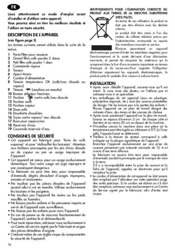 Guide utilisation DELONGHI EC146.B de la marque DELONGHI