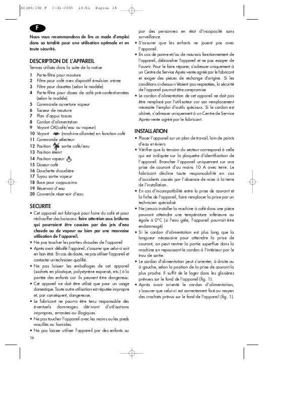 Guide utilisation DELONGHI EC190CD de la marque DELONGHI