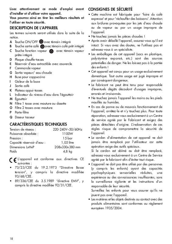 Guide utilisation DELONGHI EC270 de la marque DELONGHI