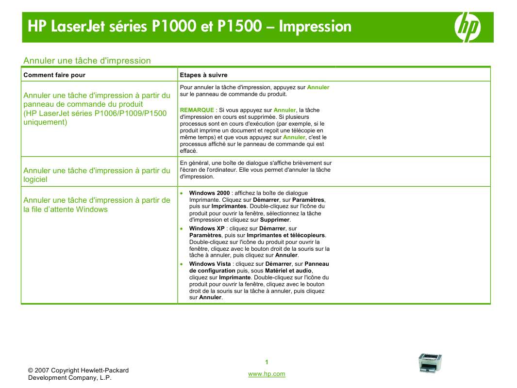 Guide utilisation HP LASERJET P1007 PRINTER  de la marque HP