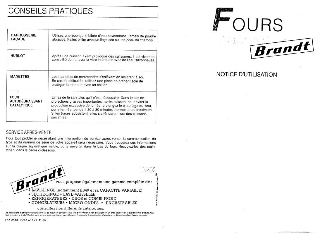 Guide utilisation BRANDT FCA791B de la marque BRANDT