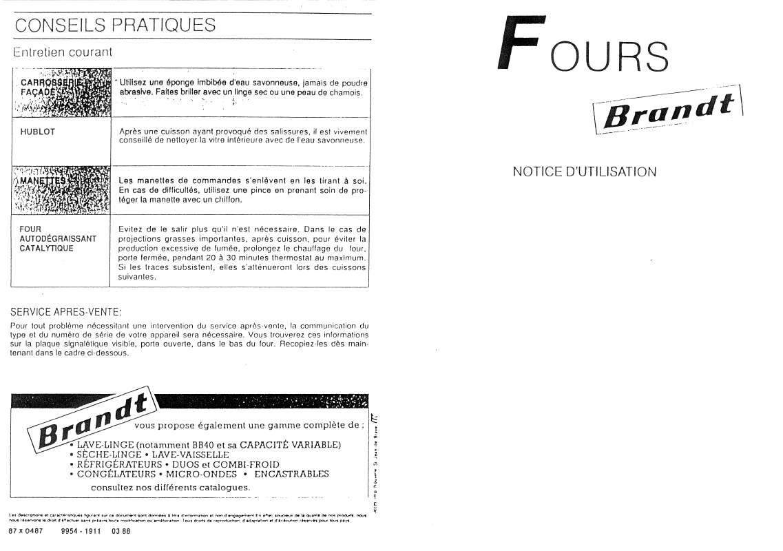 Guide utilisation BRANDT FLCA793B de la marque BRANDT