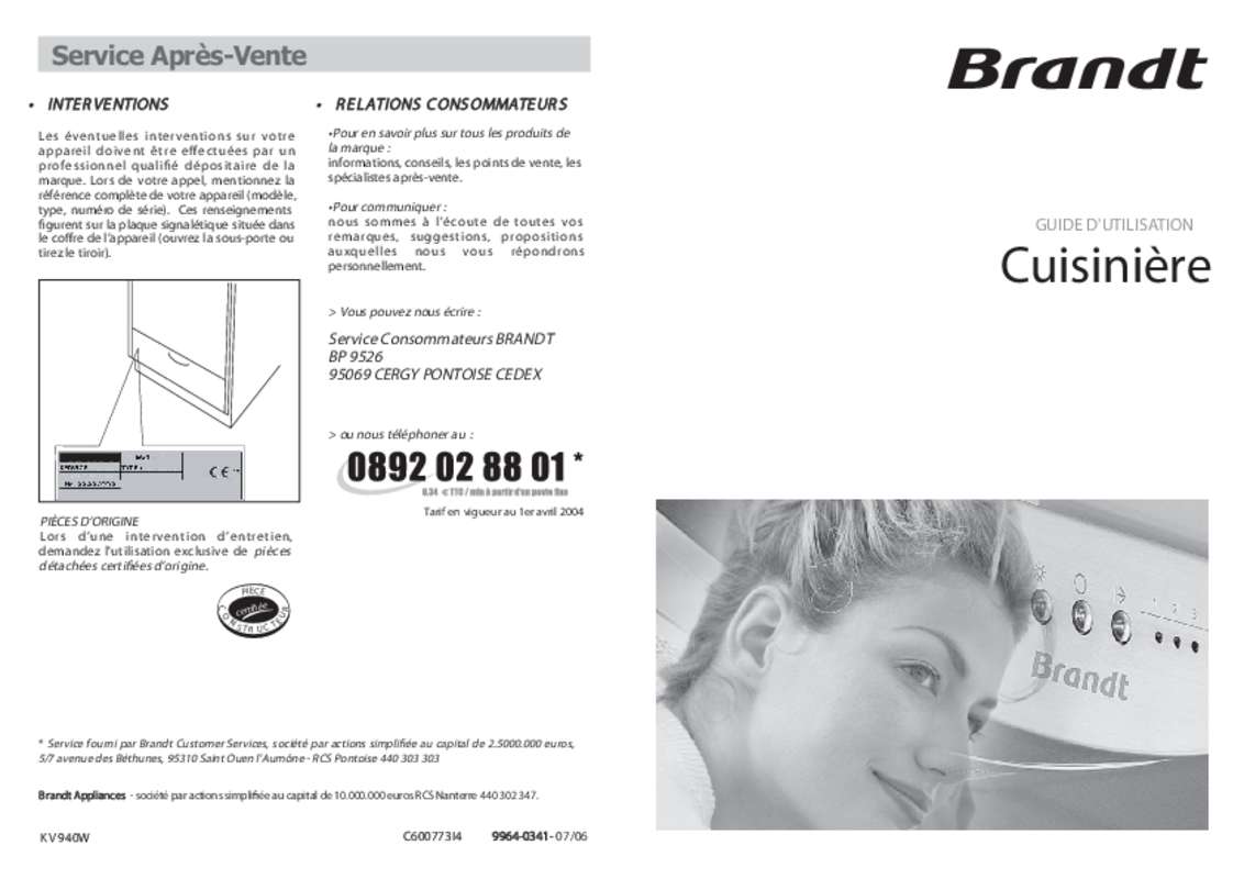 Guide utilisation BRANDT KV940W de la marque BRANDT