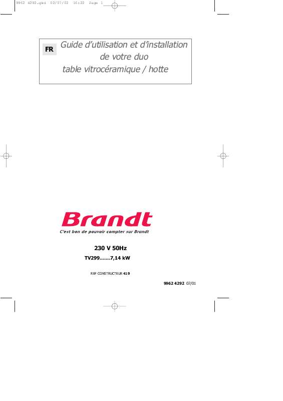 Guide utilisation BRANDT TV299XF1 de la marque BRANDT