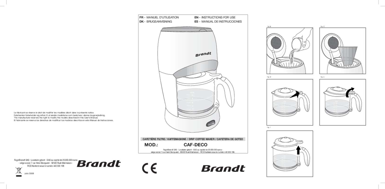 Guide utilisation BRANDT CAF-DECO de la marque BRANDT