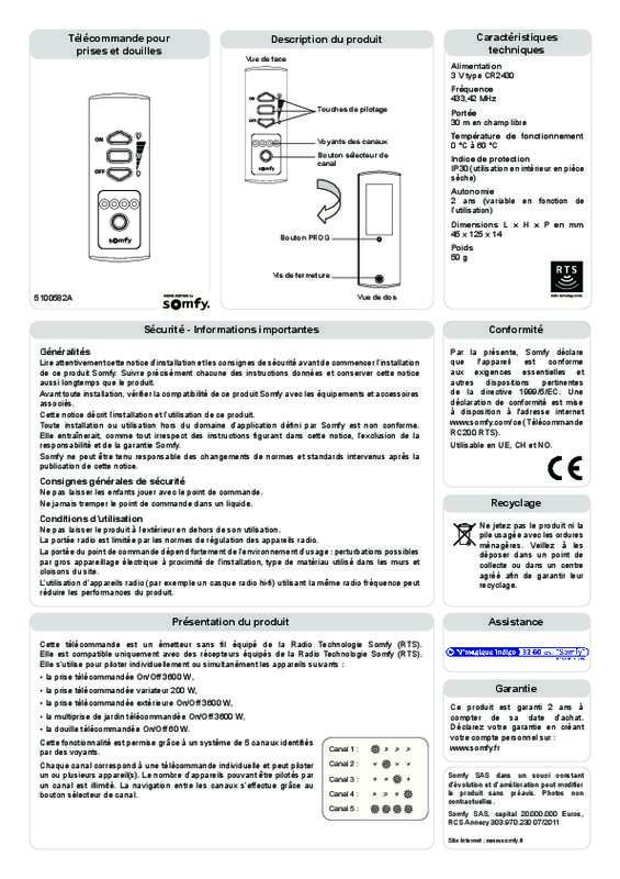 Guide utilisation  SOMFY TELECOMMANDE ECLAIRAGE 2401097  de la marque SOMFY
