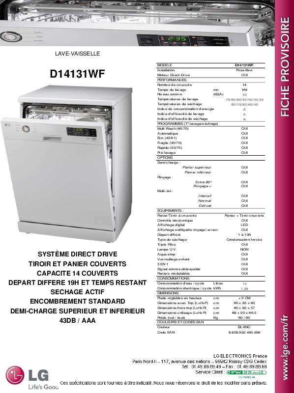 Guide utilisation LG D14131WF  - DATASHEET de la marque LG