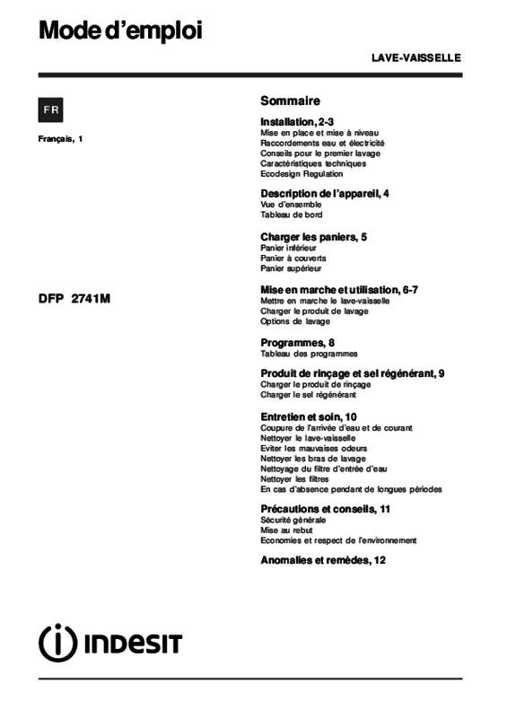 Guide utilisation INDESIT DFP 274B S FR de la marque INDESIT
