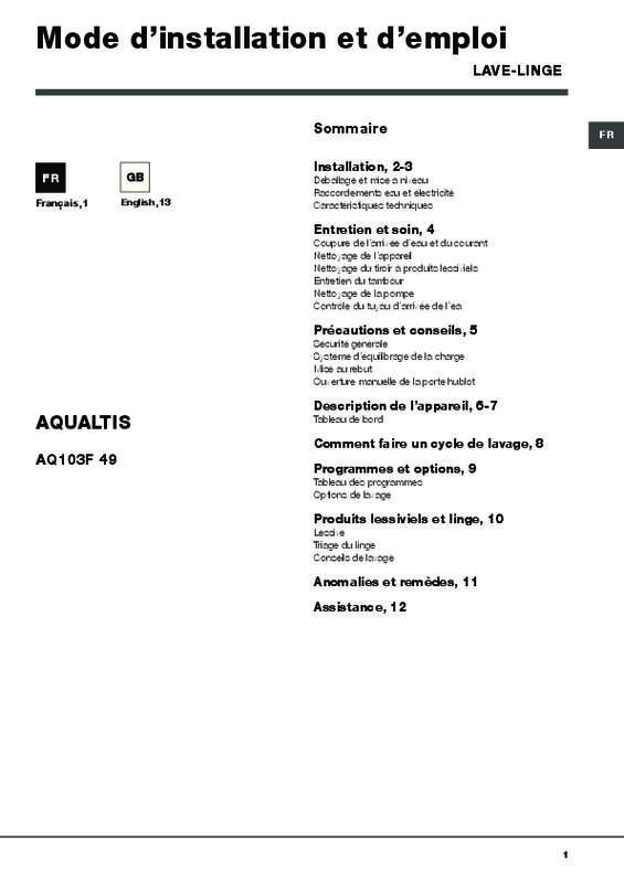 Guide utilisation HOTPOINT AQUALTIS AQ103F49FR de la marque HOTPOINT