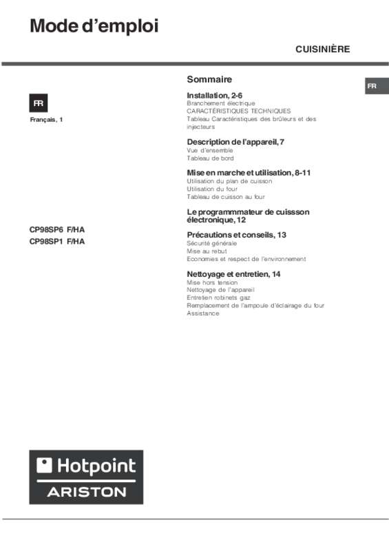 Guide utilisation HOTPOINT CP98SP6  de la marque HOTPOINT
