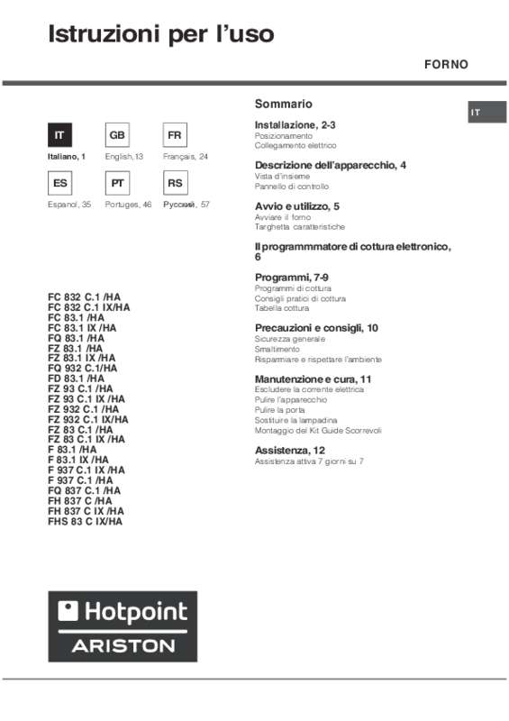 Guide utilisation HOTPOINT FH 83 C HA IX de la marque HOTPOINT