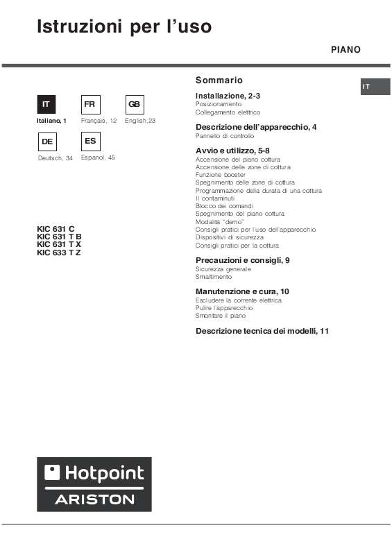 Guide utilisation HOTPOINT KIC 631 T B de la marque HOTPOINT