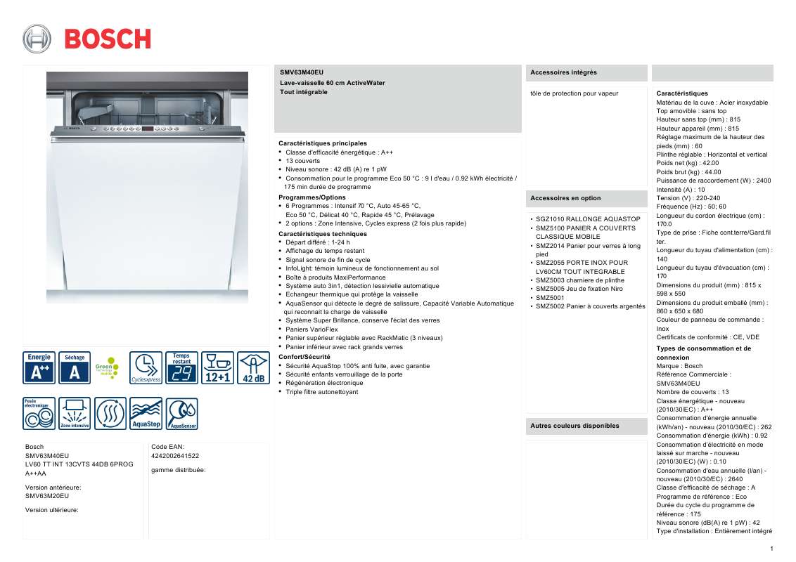 Guide utilisation BOSCH SMV63M40EU de la marque BOSCH