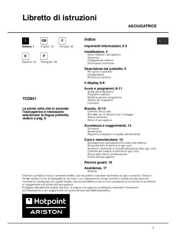 Guide utilisation HOTPOINT TCD 851 X de la marque HOTPOINT