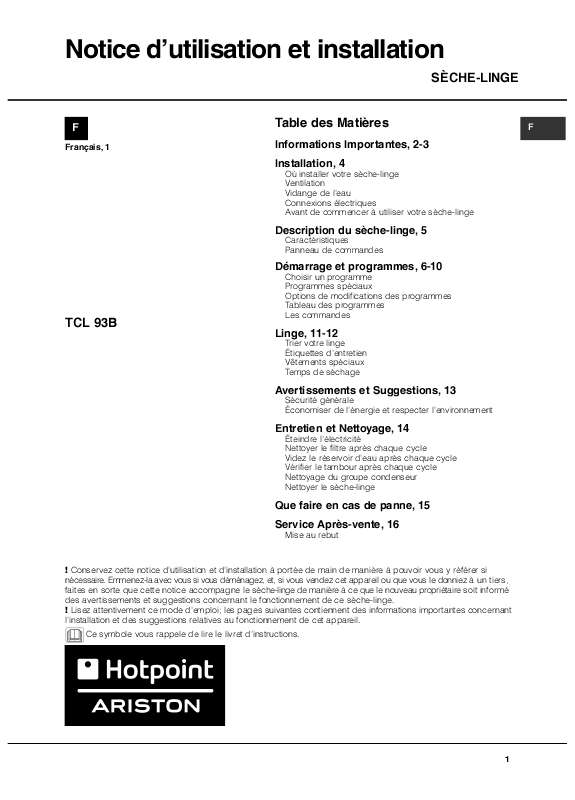 Guide utilisation HOTPOINT TCL 93B 6H/Z1 de la marque HOTPOINT