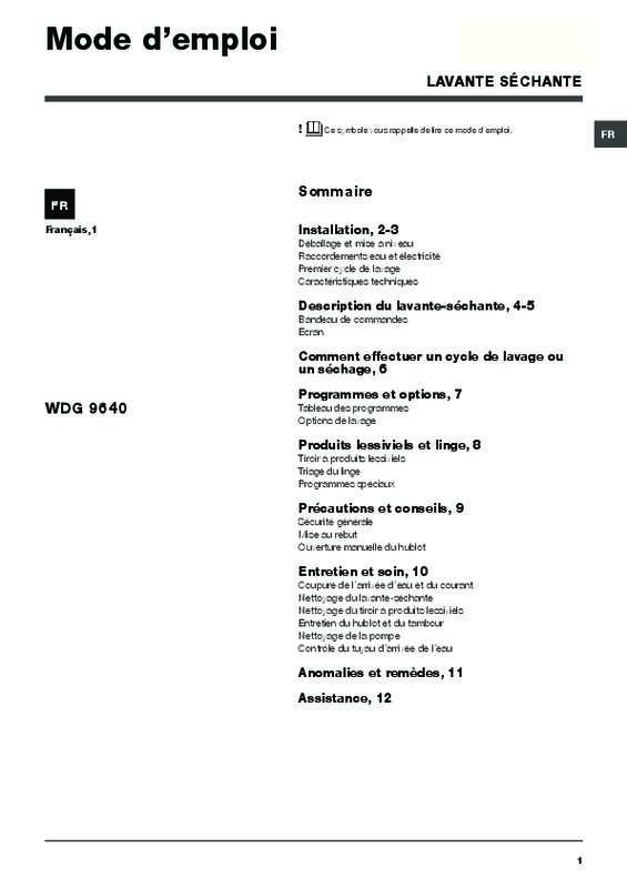Guide utilisation HOTPOINT WDG 9640B FR  de la marque HOTPOINT