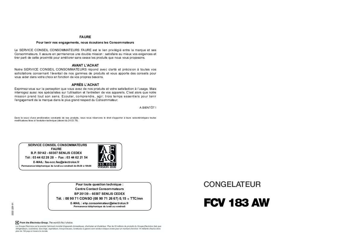 Guide utilisation FAURE FCV183AW de la marque FAURE