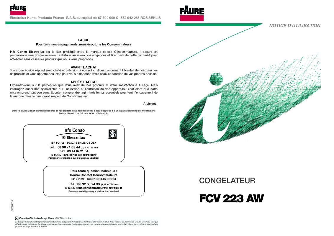 Guide utilisation FAURE FCV223AW de la marque FAURE