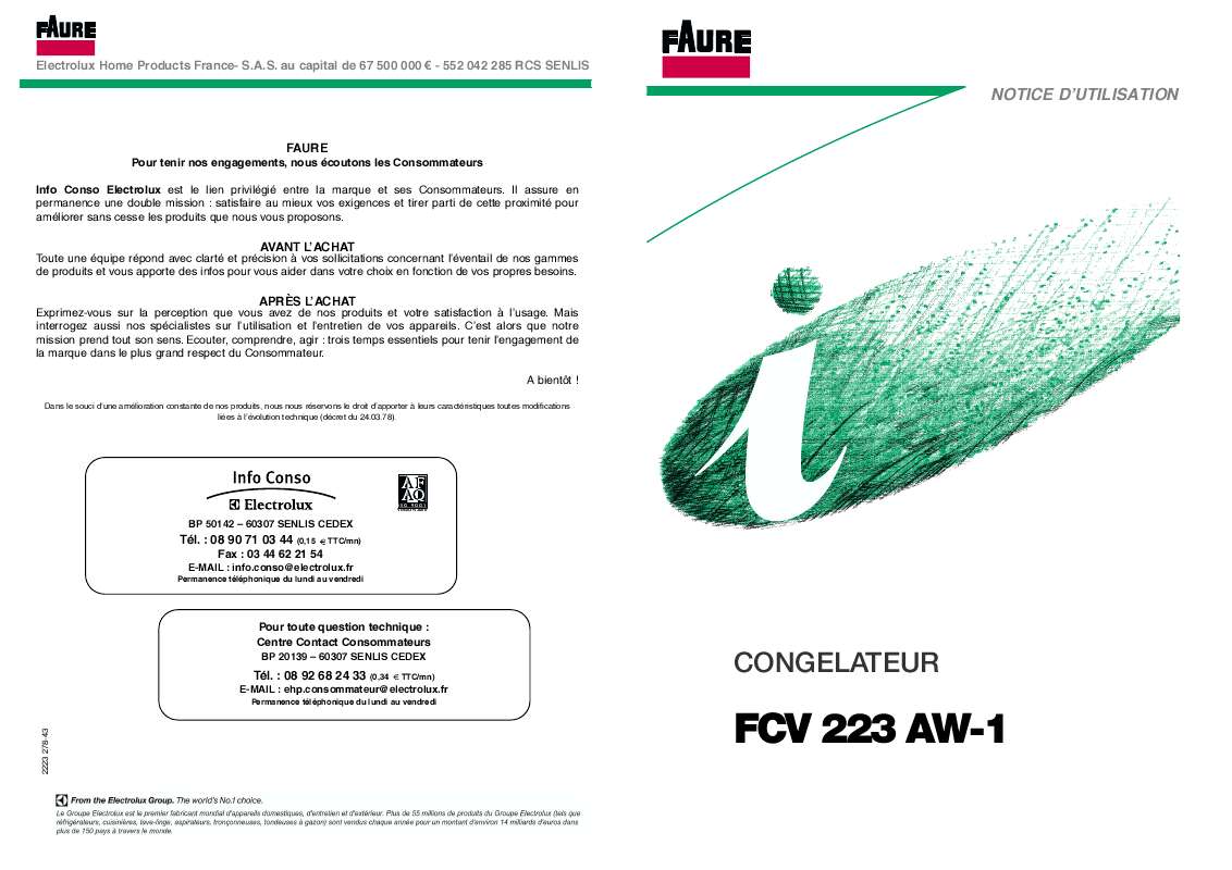 Guide utilisation FAURE FCV223AW-1 de la marque FAURE