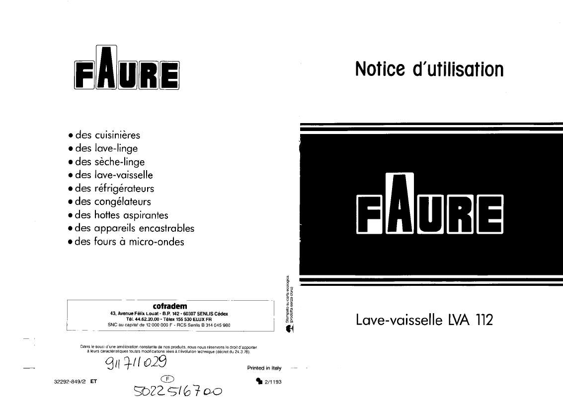 Guide utilisation FAURE LVA112W de la marque FAURE