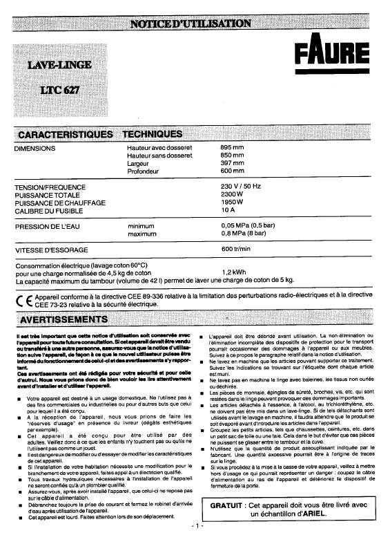 Guide utilisation FAURE LTC627 de la marque FAURE