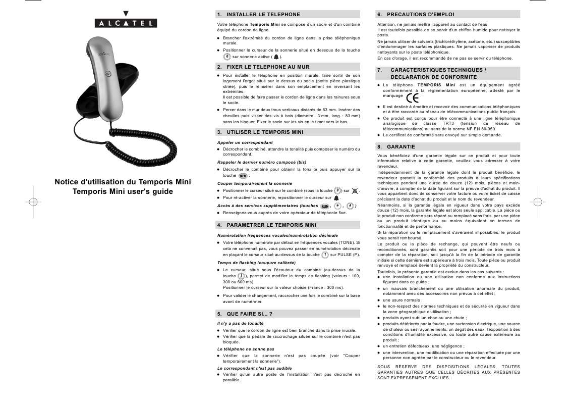 Guide utilisation ALCATEL TEMPORIS MINI  de la marque ALCATEL