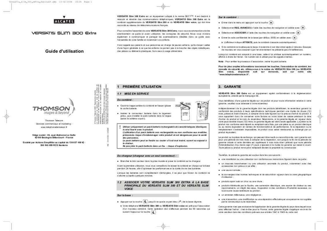Guide utilisation ALCATEL VERSATIS SLIM 300 EXTRA  de la marque ALCATEL