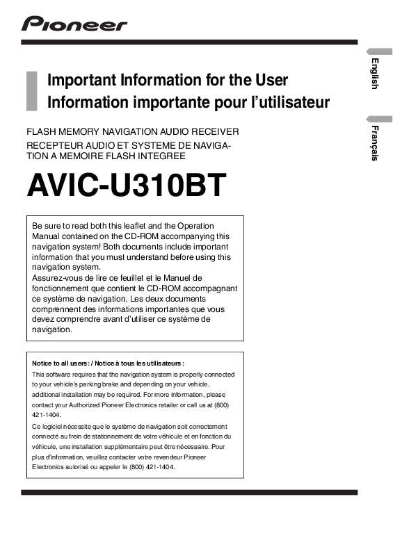 Guide utilisation PIONEER AVIC-U310BT  de la marque PIONEER