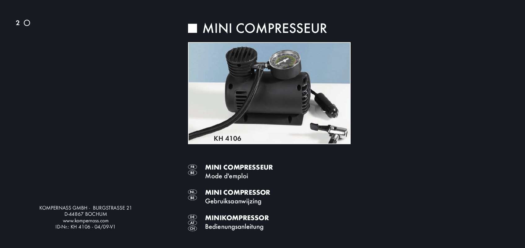 Guide utilisation  KOMPERNASS KH 4106 MINI-COMPRESSOR  de la marque KOMPERNASS