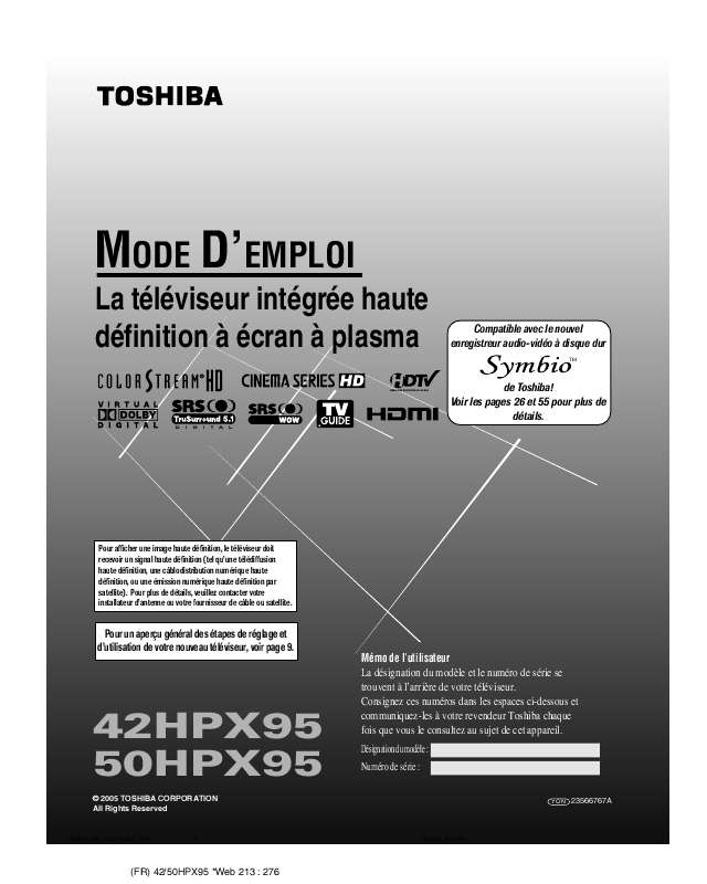 Guide utilisation TOSHIBA 42HPX95  de la marque TOSHIBA
