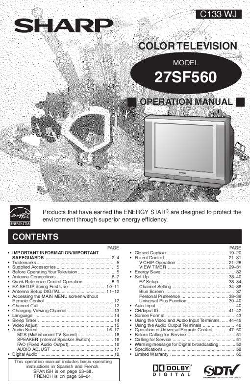 Guide utilisation SHARP 27SF560  de la marque SHARP