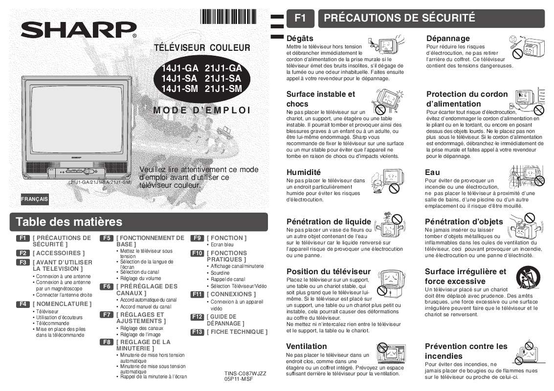 Guide utilisation SHARP 14J1-GA/SA/SM/21J1-GA/SA/SM  de la marque SHARP