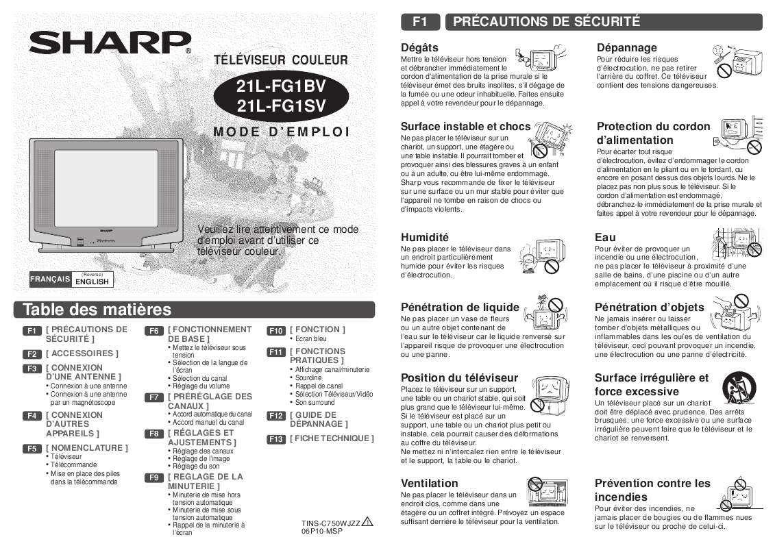Guide utilisation SHARP 21L-FG1BV/SV  de la marque SHARP