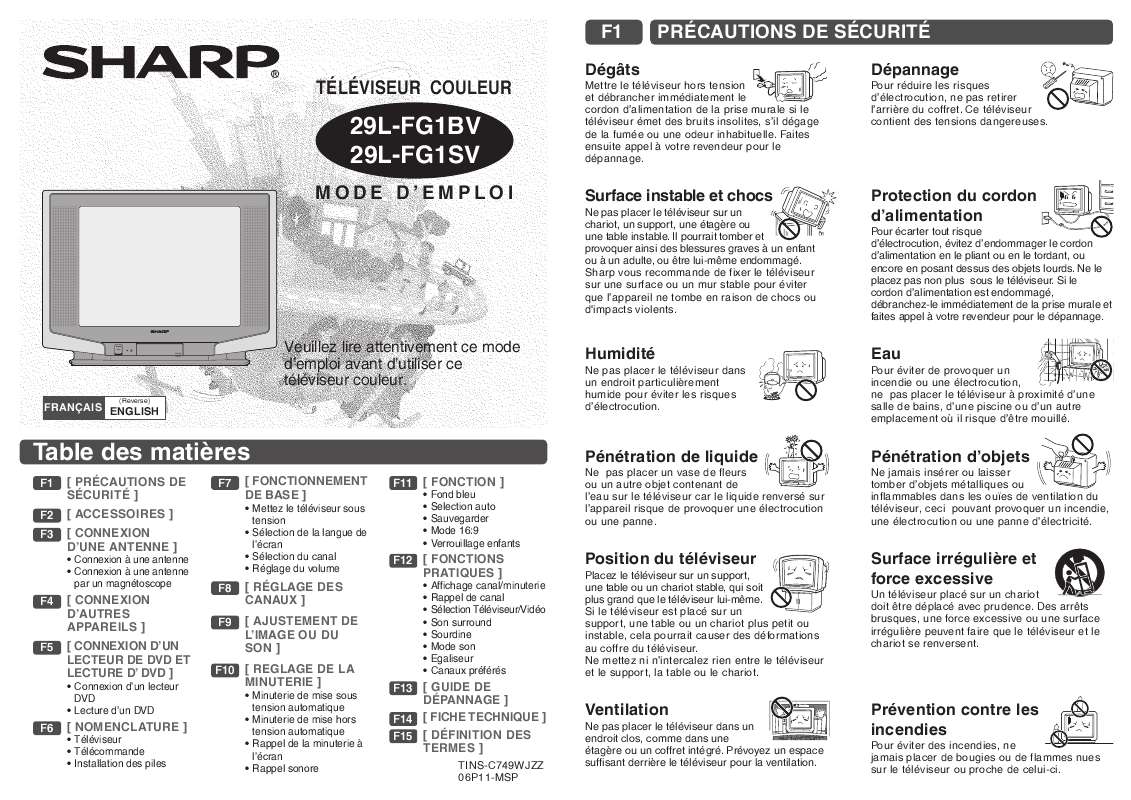 Guide utilisation SHARP 29L-FG1BV/SV  de la marque SHARP