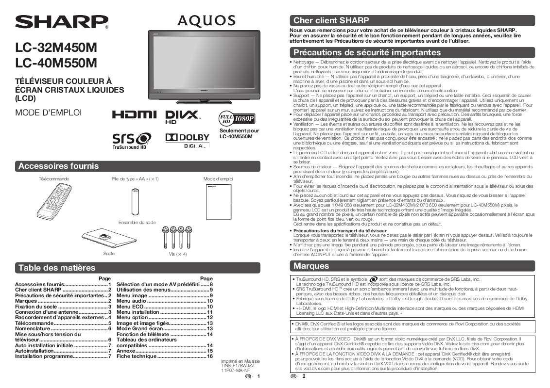 Guide utilisation SHARP LC-40M450M  de la marque SHARP